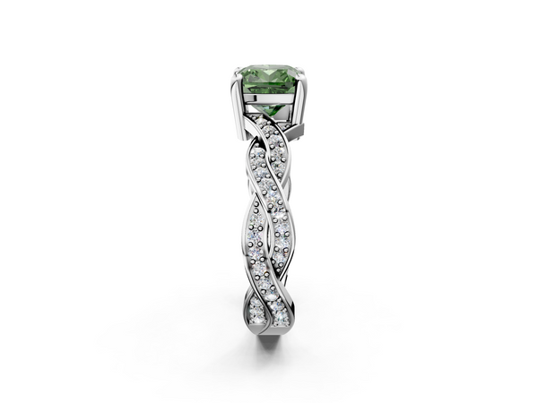 White gold Fancy Green Cushion  Cut Twisted Pavé Band Solitaire Ring with Four-Prong Setting