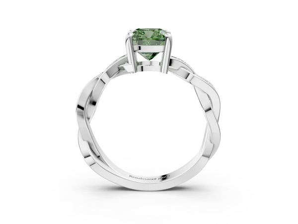White gold Fancy Green Cushion  Cut Twisted Pavé Band Solitaire Ring with Four-Prong Setting