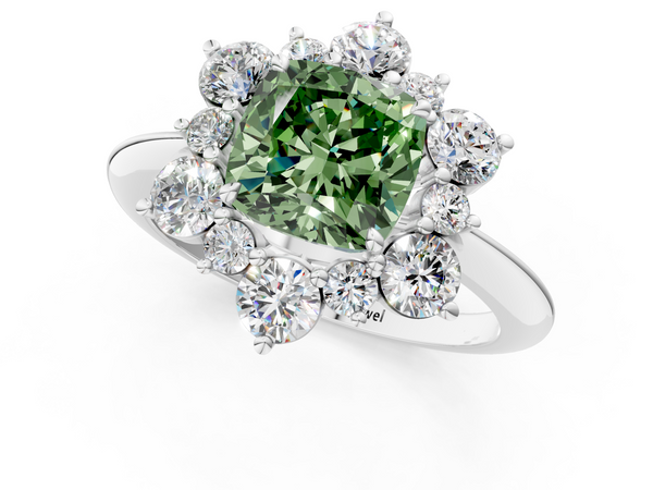 White gold Fancy Green Cushion  Diamond Cluster Halo Ring with Solitaire Band and Four-Prong Setting