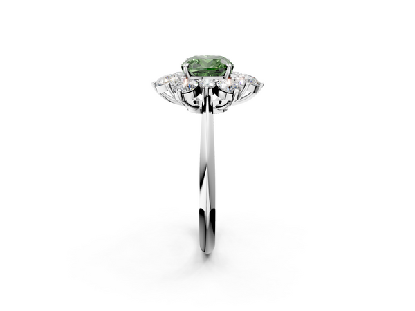 White gold Fancy Green Cushion  Diamond Cluster Halo Ring with Solitaire Band and Four-Prong Setting