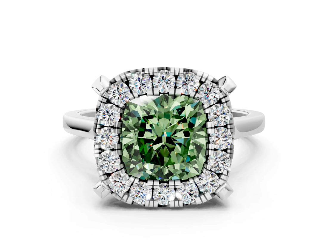 White gold Fancy Green Cushion  Diamond Cluster Halo Solitaire with Four-Prong Setting_105