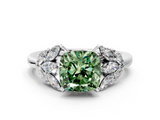 White gold Fancy Green Cushion  Diamond Cluster Leaf Design Ring with Prong Setting_67