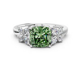 White gold Fancy Green Cushion  Diamond Floral Cluster Ring with Solitaire Band and Prong Setting_74