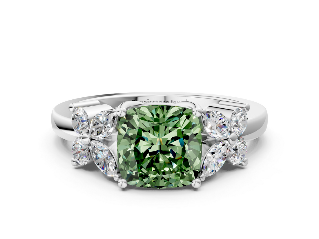 White gold Fancy Green Cushion  Diamond Floral Cluster Ring with Solitaire Band and Prong Setting_75