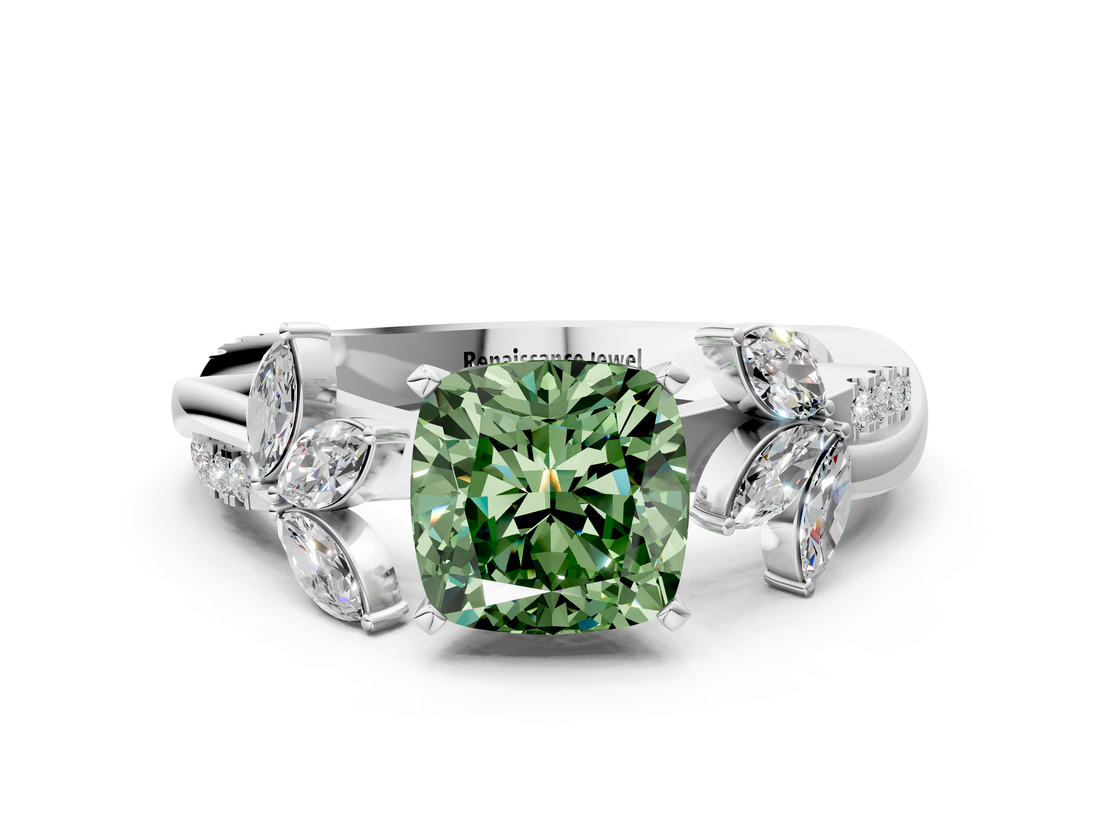 White gold Fancy Green Cushion  Diamond Floral Vine Solitaire Engagement Ring_3