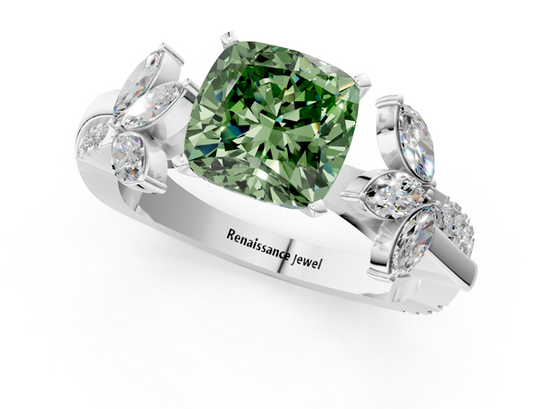 Platinum Fancy Green Cushion  Diamond Floral Vine Solitaire Engagement Ring