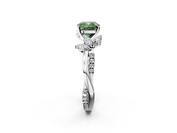 Platinum Fancy Green Cushion  Diamond Floral Vine Solitaire Engagement Ring