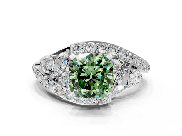 White gold Fancy Green Cushion  Diamond Halo Ring with Marquise and Pavé Band in Prong Setting