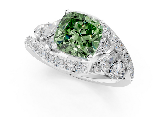 White gold Fancy Green Cushion  Diamond Halo Ring with Marquise and Pavé Band in Prong Setting