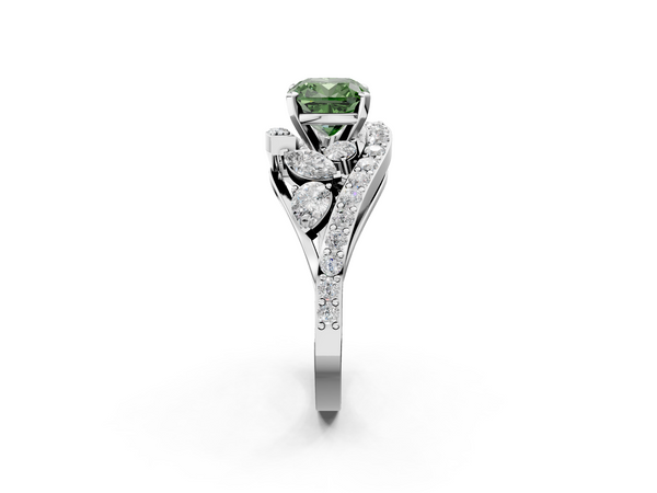White gold Fancy Green Cushion  Diamond Halo Ring with Marquise and Pavé Band in Prong Setting