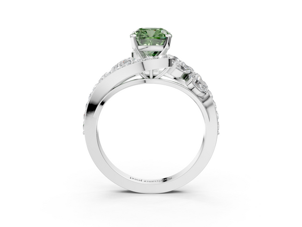 White gold Fancy Green Cushion  Diamond Halo Ring with Marquise and Pavé Band in Prong Setting