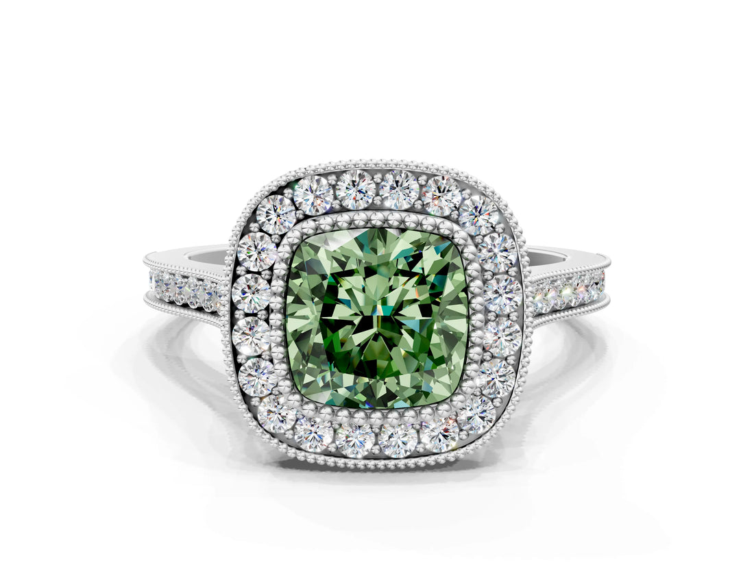 White gold Fancy Green Cushion  Diamond Halo Ring with Milgrain Frame and Pavé Band_72