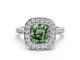 White gold Fancy Green Cushion  Diamond Halo Ring with Milgrain Frame and Pavé Band_72