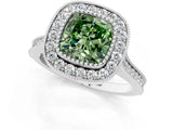White gold Fancy Green Cushion  Diamond Halo Ring with Milgrain Frame and Pavé Band_73
