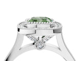 White gold Fancy Green Cushion  Diamond Halo Ring with Milgrain Frame and Pavé Band_76