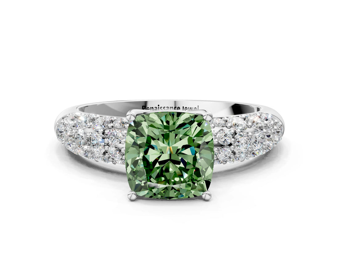 White gold Fancy Green Cushion  Diamond Pavé Band Solitaire Ring with Four-Prong Setting_49