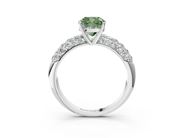 Platinum Fancy Green Cushion  Diamond Pavé Band Solitaire Ring with Four-Prong Setting
