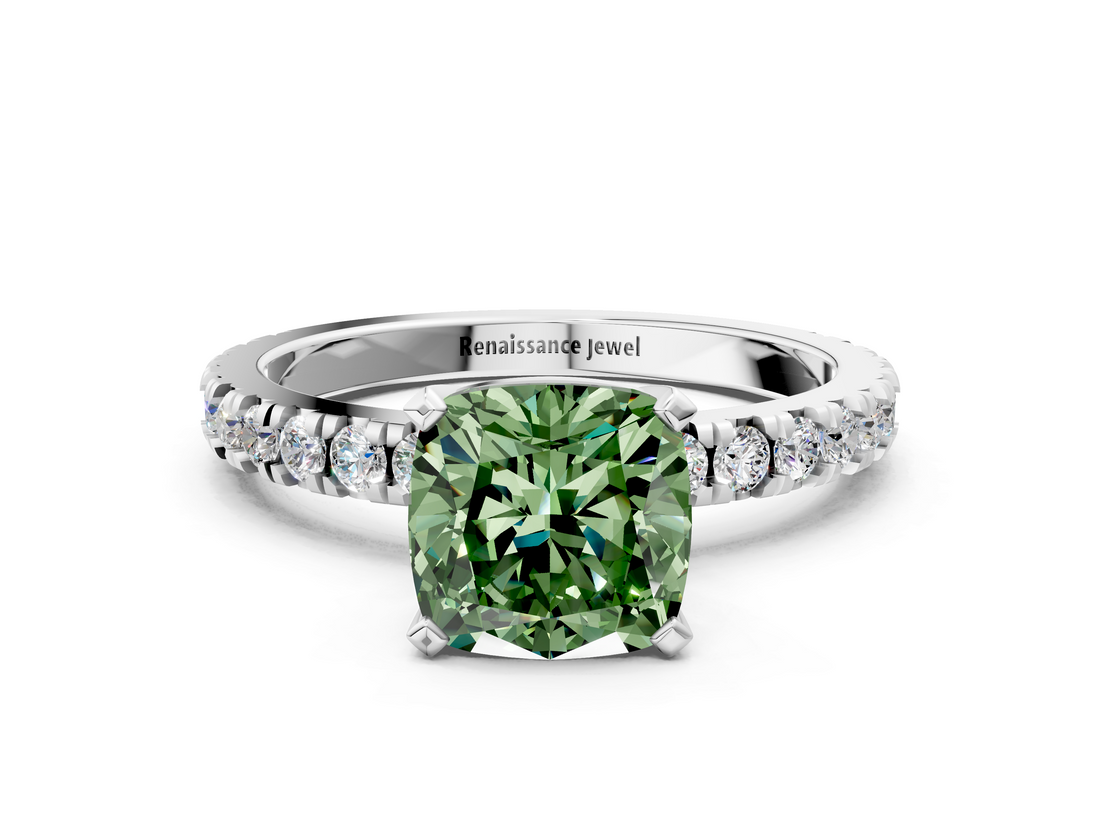White gold Fancy Green Cushion  Diamond Pavé Band Solitaire with Four-Prong Setting_211