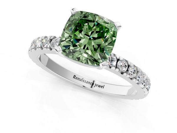 Platinum Fancy Green Cushion  Diamond Pavé Band Solitaire with Four-Prong Setting