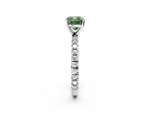 Platinum Fancy Green Cushion  Diamond Pavé Band Solitaire with Four-Prong Setting