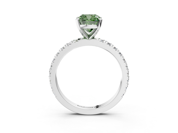 Platinum Fancy Green Cushion  Diamond Pavé Band Solitaire with Four-Prong Setting