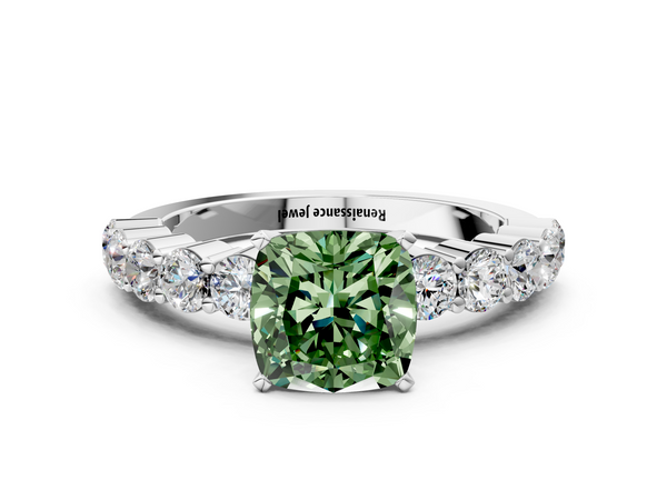 White gold Fancy Green Cushion  Diamond Solitaire Ring with Shared Prong Round Side Stones