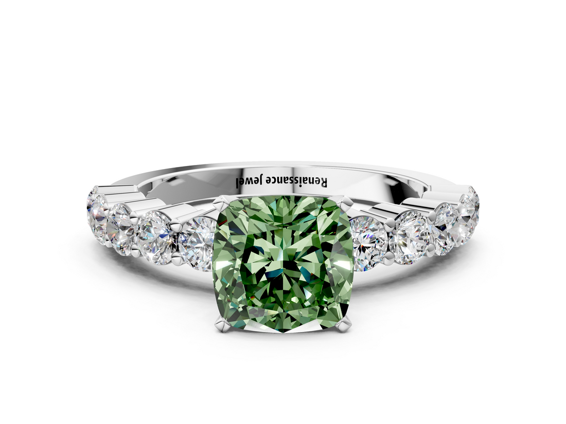 White gold Fancy Green Cushion  Diamond Pavé Band Solitaire with Four-Prong Setting_3