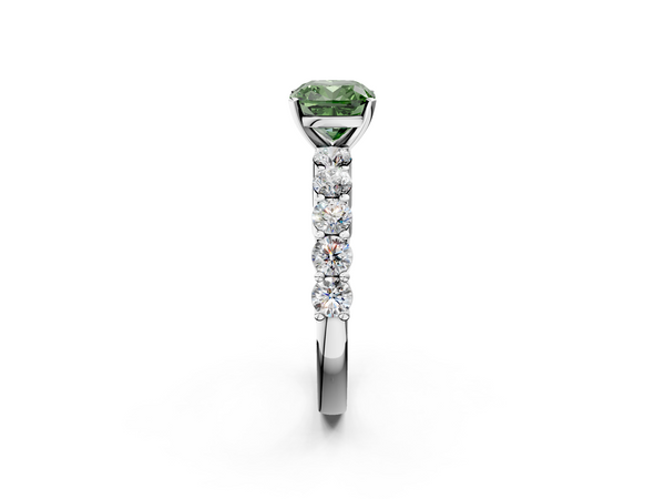 White gold Fancy Green Cushion  Diamond Solitaire Ring with Shared Prong Round Side Stones
