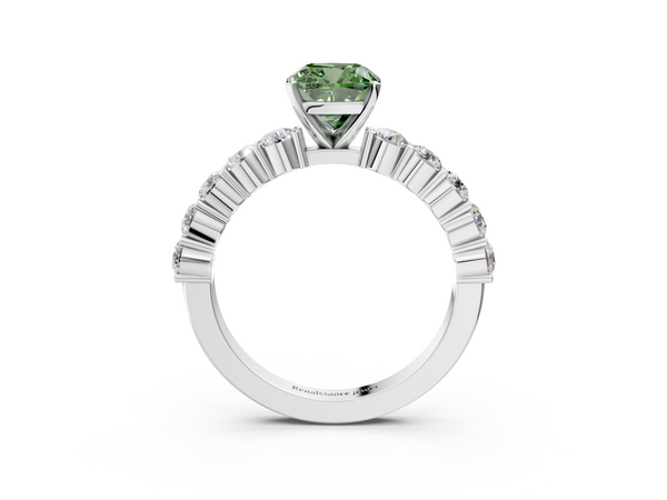 White gold Fancy Green Cushion  Diamond Solitaire Ring with Shared Prong Round Side Stones