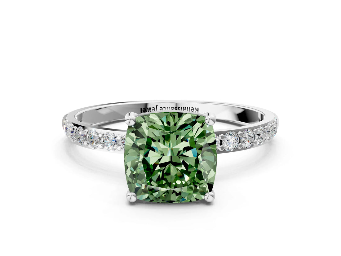 White gold Fancy Green Cushion  Diamond Pavé Band with Six-Prong Setting_33