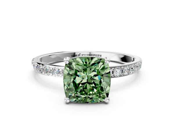 White gold Fancy Green Cushion  Diamond Pavé Band with Six-Prong Setting