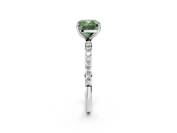 White gold Fancy Green Cushion  Diamond Pavé Band with Six-Prong Setting