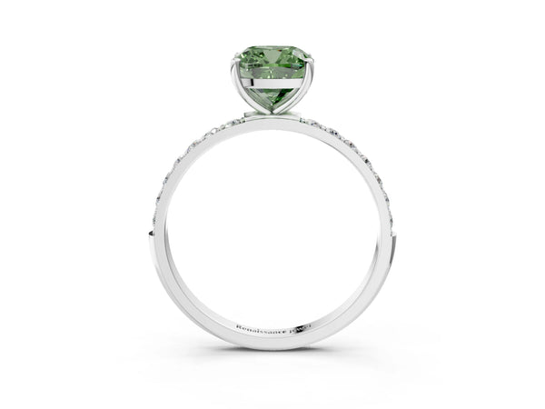 White gold Fancy Green Cushion  Diamond Pavé Band with Six-Prong Setting