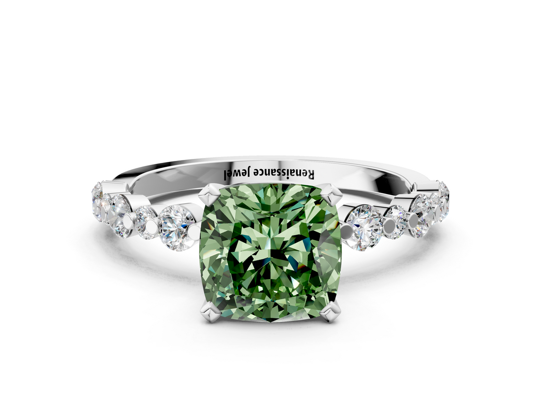 White gold Fancy Green Cushion  Diamond Prong Set Engagement Ring with Pave Band_187