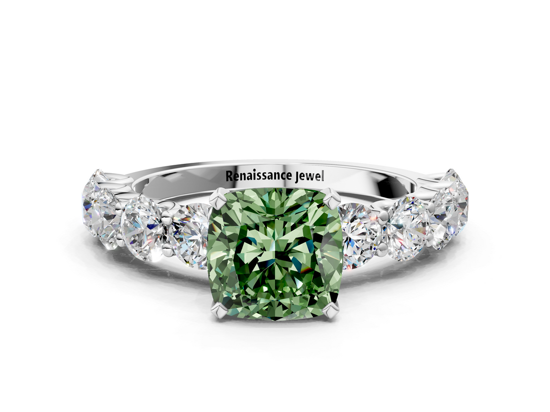 White gold Fancy Green Cushion  Diamond Prong Setting with Side Stones on a Pave Band_147