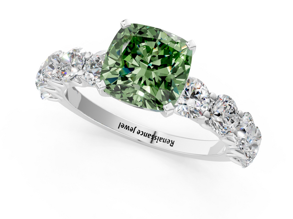 White gold Fancy Green Cushion Cut Diamond Prong Setting with Side Stones on a Pave Band
