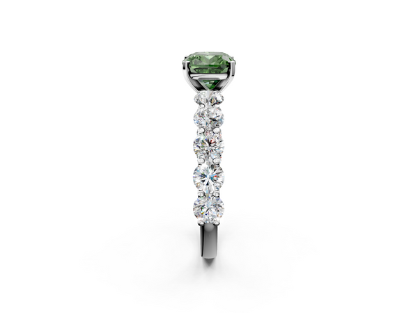 White gold Fancy Green Cushion Cut Diamond Prong Setting with Side Stones on a Pave Band