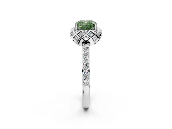 Platinum Fancy Green Cushion  Diamond Solitaire Ring with Shared Prong Pavé Band