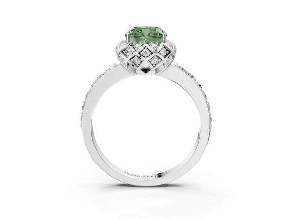 Platinum Fancy Green Cushion  Diamond Solitaire Ring with Shared Prong Pavé Band