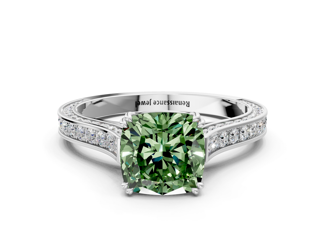 White gold Fancy Green Cushion  Diamond Solitaire with Pave Band and Six-Prong Setting_20