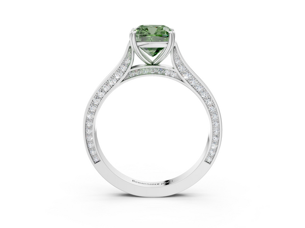 White gold Fancy Green Cushion  Diamond Solitaire with Pave Band and Six-Prong Setting