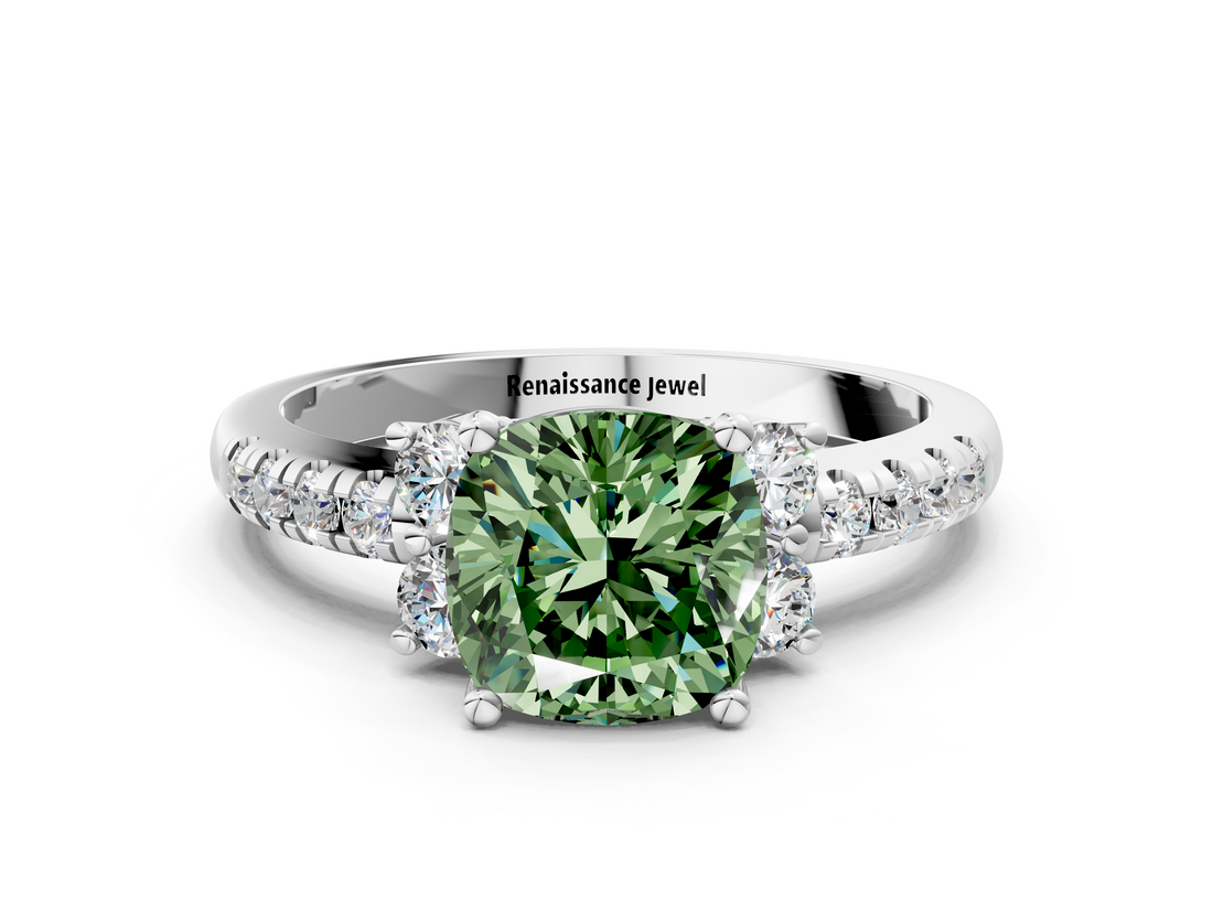 White gold Fancy Green Cushion  Diamond Three-Stone Pave Band with Four-Prong Setting_20
