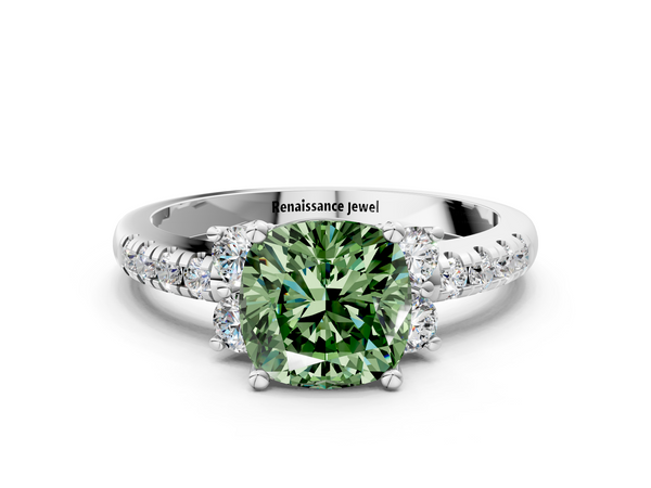 White gold Fancy Green Cushion  Diamond Three-Stone Pave Band with Four-Prong Setting
