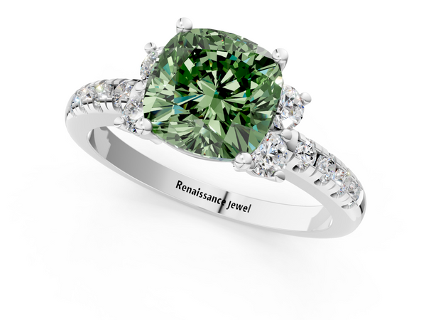 White gold Fancy Green Cushion  Diamond Three-Stone Pave Band with Four-Prong Setting