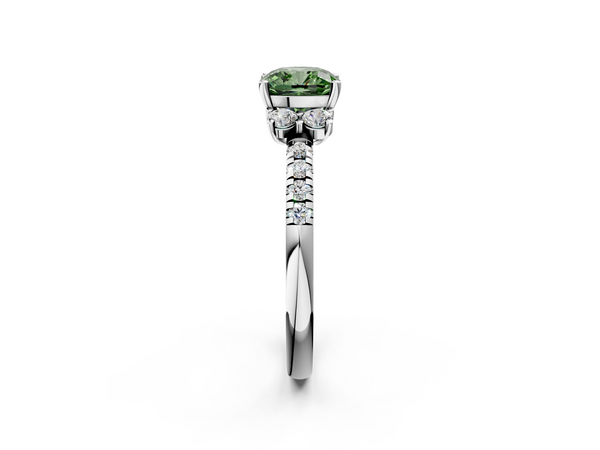 White gold Fancy Green Cushion  Diamond Three-Stone Pave Band with Four-Prong Setting