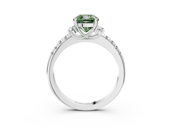 White gold Fancy Green Cushion  Diamond Three-Stone Pave Band with Four-Prong Setting