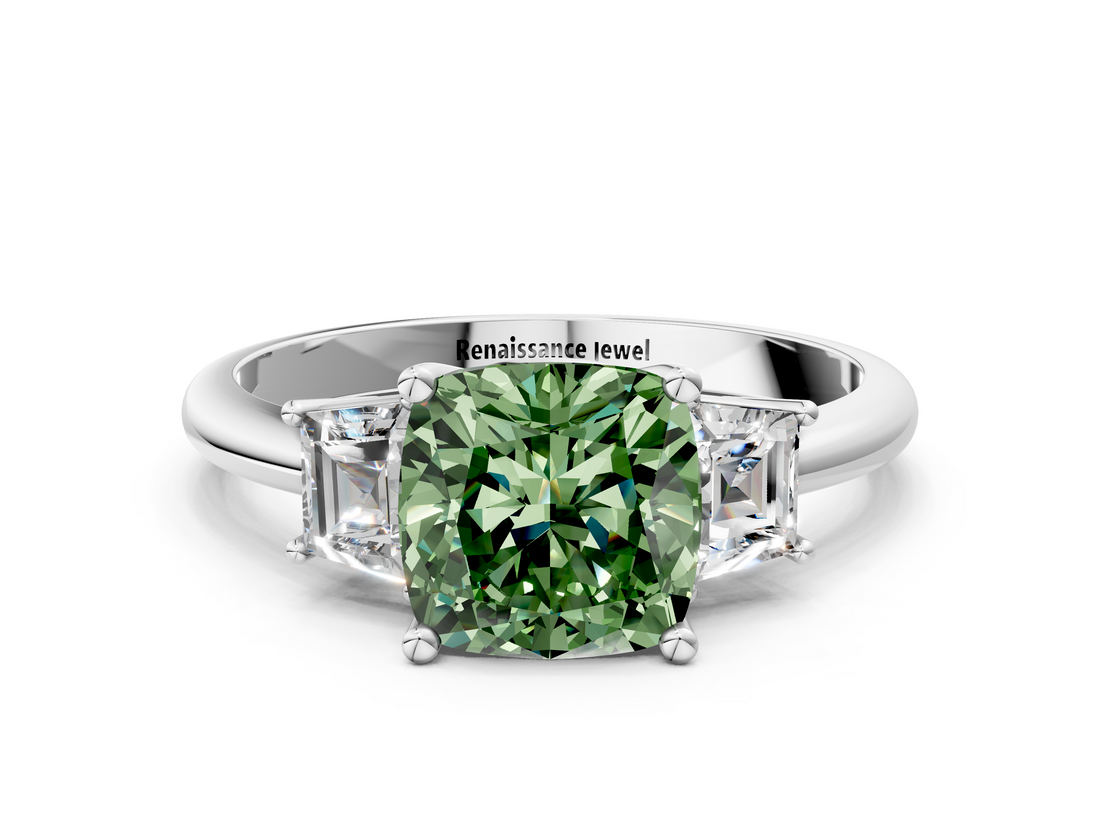 White gold Fancy Green Cushion  Diamond Three-Stone Ring with Trapezoid Side Stones and Prong Setting_33