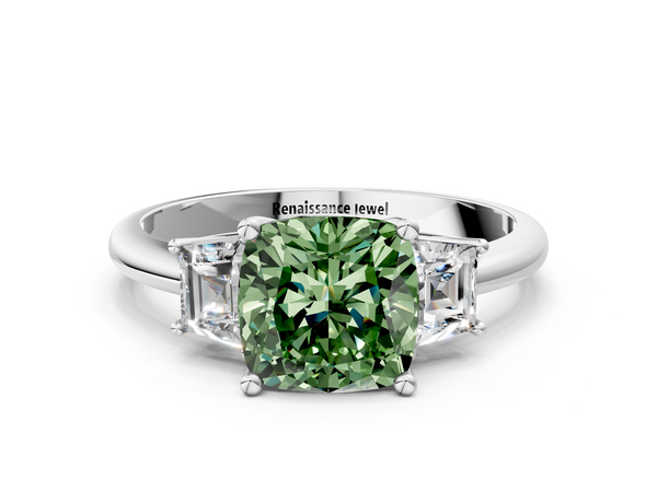 White gold Fancy Green Cushion  Diamond Three-Stone Ring with Trapezoid Side Stones and Prong Setting