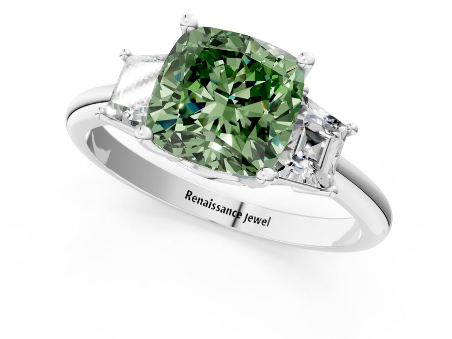 White gold Fancy Green Cushion  Diamond Three-Stone Ring with Trapezoid Side Stones and Prong Setting