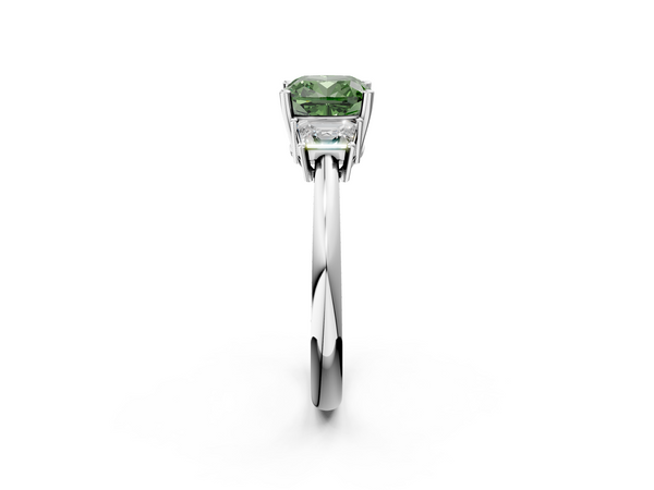 White gold Fancy Green Cushion  Diamond Three-Stone Ring with Trapezoid Side Stones and Prong Setting